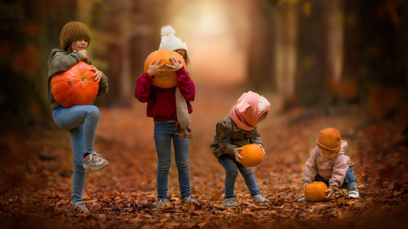 16-9-Canon-EOS-R-fine-art-halloween-portrait-of-4-siblings-in-an-autumn-forest-holding-pumpkins-by-Willie-Kers-Photography-e1677407416707
