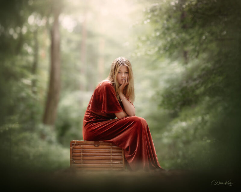 Canon-Fine-art-Portret-van-een-jonge-vrouw-zittend-op-een-koffer-in-het-groene-bos-door-natuurlijk-licht-fotograaf-Willie-Kers-uit-Apeldoorn-copy