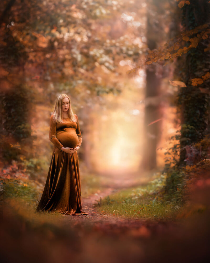 fine-art-portrait-maternity-natural-light-image-of-a-young-woman-standing-in-a-magical-autumn-forest-by-Willie-Kers