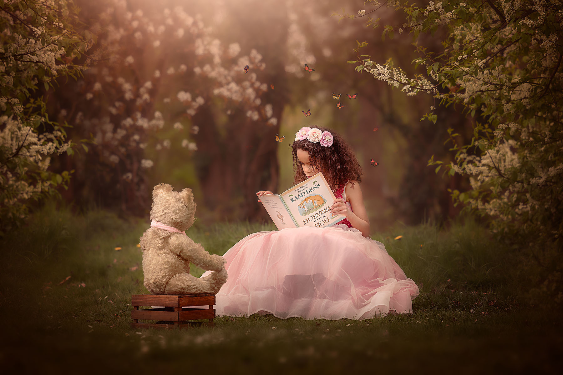web-Canon-EOS-r5-lente-portret-van-een-meisje-die-een-boek-voorleest-aan-een-teddybeer-in-het-bos-bij-de-bloesem-door-natuurlijk-licht-fotograaf-Willie-Kers-uit-Apeldoorn